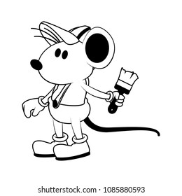 Worker mouse with paint brush on black and white
