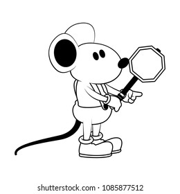 Worker mouse with road sign on black and white
