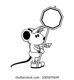 Worker mouse with road sign on black and white