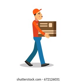 Worker mover man holding and carrying cardboard box, courier in uniform at work cartoon character vector Illustration