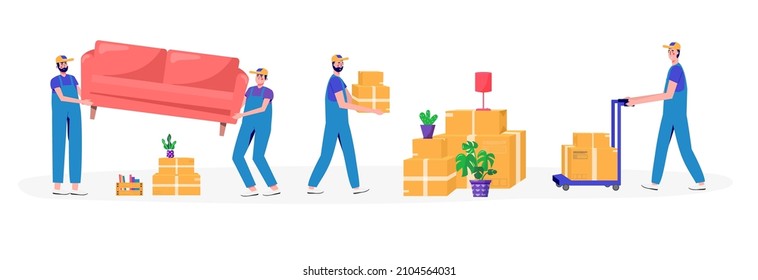 Worker moves new office, home, house. People moving and collect supplies in boxes. Persone cartoon characters packing landing page. unpacking concept, delivery, relocation, move box