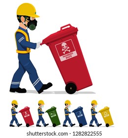 A worker is moving each kind of bin on transparent background