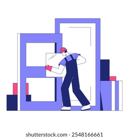 Worker Moving Glass Panels In Flat Vector Illustration Symbolizing Manual Labor, Construction, And Architectural Design, Isolated On White Background.