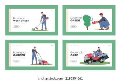 Worker Mow Lawn and Cutting Plants in Garden Landing Page Template Set. Man Gardener Character Use Trimmer for Caring of Home Backyard, Cutting or Trimming Trees and Grass. Cartoon Vector Illustration