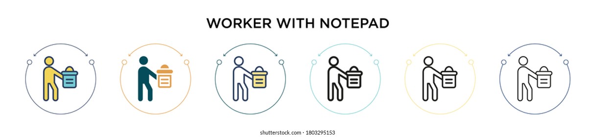 Worker with notepad icon in filled, thin line, outline and stroke style. Vector illustration of two colored and black worker with notepad vector icons designs can be used for mobile, ui, web