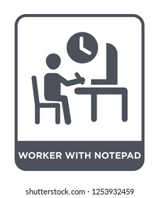 worker with notepad icon vector on white background, worker with notepad trendy filled icons from Humans collection, worker with notepad simple element illustration