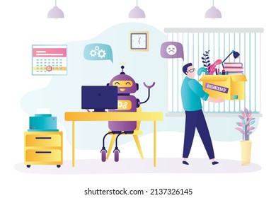 Worker in office was replaced by artificial intelligence. Unemployed man leaves with box of things. Business computerization concept. Happy robot starts working at new workplace. Vector illustration