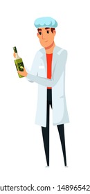 Worker with olive oil bottle vector illustration. Factory employee in white coat holding bottle with extra virgin oil isolated flat cartoon character. Man showing brand logotype, checking goods