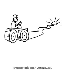 A worker on an asphalt paver is paving the way to the horizon. A hand-drawn funny character. Sketch. Vector illustration
