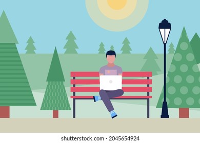 Worker on a bench in the park. Colorful flat vector illustration