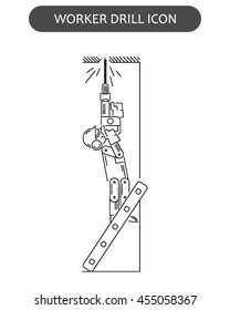 The worker on building drills a wall a drill and the screw gun in different poses. Set of icons executed in black lines on a white background. The web and other carriers is suitable for an infographic