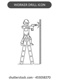 The worker on building drills a wall a drill and the screw gun in different poses. Set of icons executed in black lines on a white background. The web and other carriers is suitable for an infographic