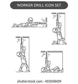 The worker on building drills a wall a drill and the screw gun in different poses. Set of icons executed in black lines on a white background. The web and other carriers is suitable for an infographic