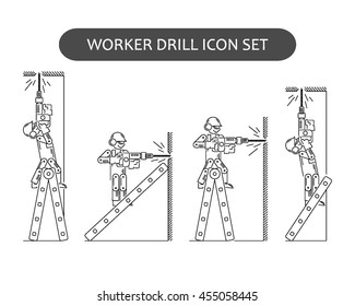 The worker on building drills a wall a drill and the screw gun in different poses. Set of icons executed in black lines on a white background. The web and other carriers is suitable for an infographic