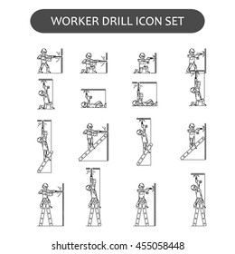The worker on building drills a wall a drill and the screw gun in different poses. Set of icons executed in black lines on a white background. The web and other carriers is suitable for an infographic