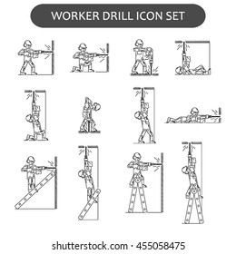 The worker on building drills a wall a drill and the screw gun in different poses. Set of icons executed in black lines on a white background. The web and other carriers is suitable for an infographic