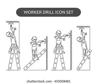 The worker on building drills a wall a drill and the screw gun in different poses. Set of icons executed in black lines on a white background. The web and other carriers is suitable for an infographic
