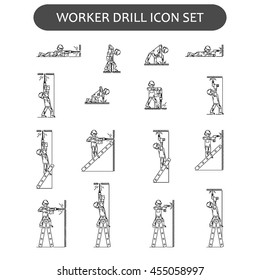 The worker on building drills a wall a drill and the screw gun in different poses. Set of icons executed in black lines on a white background. The web and other carriers is suitable for an infographic
