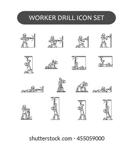 The worker on building drills a wall a drill and the screw gun in different poses. Set of icons executed in black lines on a white background. The web and other carriers is suitable for an infographic