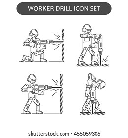 The worker on building drills a wall a drill and the screw gun in different poses. Set of icons executed in black lines on a white background. The web and other carriers is suitable for an infographic