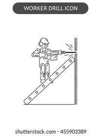 The worker on building drills a wall a drill and the screw gun in different poses. Set of icons executed in black lines on a white background. The web and other carriers is suitable for an infographic