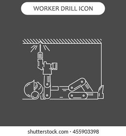 The worker on building drills a wall a drill and the screw gun in different poses. Set of icons executed in white lines on a black background. The web and other carriers is suitable for an infographic