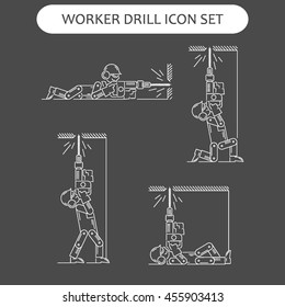 The worker on building drills a wall a drill and the screw gun in different poses. Set of icons executed in white lines on a black background. The web and other carriers is suitable for an infographic