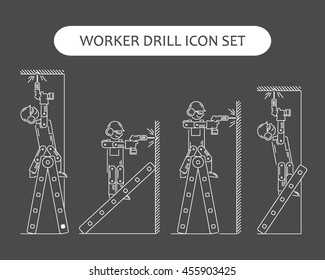The worker on building drills a wall a drill and the screw gun in different poses. Set of icons executed in white lines on a black background. The web and other carriers is suitable for an infographic