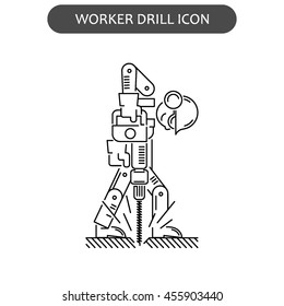 The worker on building drills a wall a drill and the screw gun in different poses. Set of icons executed in black lines on a white background. The web and other carriers is suitable for an infographic