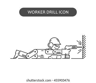 The worker on building drills a wall a drill and the screw gun in different poses. Set of icons executed in black lines on a white background. The web and other carriers is suitable for an infographic