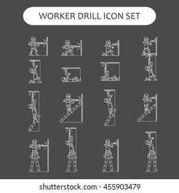 The worker on building drills a wall a drill and the screw gun in different poses. Set of icons executed in white lines on a black background. The web and other carriers is suitable for an infographic