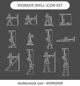 The worker on building drills a wall a drill and the screw gun in different poses. Set of icons executed in white lines on a black background. The web and other carriers is suitable for an infographic