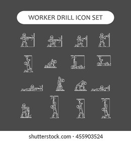The worker on building drills a wall a drill and the screw gun in different poses. Set of icons executed in white lines on a black background. The web and other carriers is suitable for an infographic