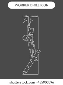 The worker on building drills a wall a drill and the screw gun in different poses. Set of icons executed in white lines on a black background. The web and other carriers is suitable for an infographic
