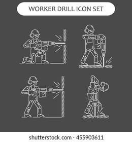 The worker on building drills a wall a drill and the screw gun in different poses. Set of icons executed in white lines on a black background. The web and other carriers is suitable for an infographic