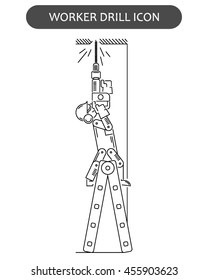The worker on building drills a wall a drill and the screw gun in different poses. Set of icons executed in black lines on a white background. The web and other carriers is suitable for an infographic