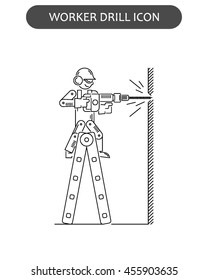 The worker on building drills a wall a drill and the screw gun in different poses. Set of icons executed in black lines on a white background. The web and other carriers is suitable for an infographic