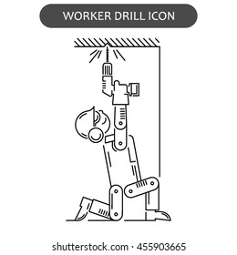 The worker on building drills a wall a drill and the screw gun in different poses. Set of icons executed in black lines on a white background. The web and other carriers is suitable for an infographic