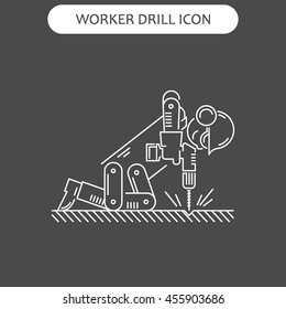 The worker on building drills a wall a drill and the screw gun in different poses. Set of icons executed in white lines on a black background. The web and other carriers is suitable for an infographic