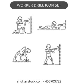 The worker on building drills a wall a drill and the screw gun in different poses. Set of icons executed in black lines on a white background. The web and other carriers is suitable for an infographic