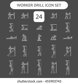 The worker on building drills a wall a drill and the screw gun in different poses. Set of icons executed in white lines on a black background. The web and other carriers is suitable for an infographic
