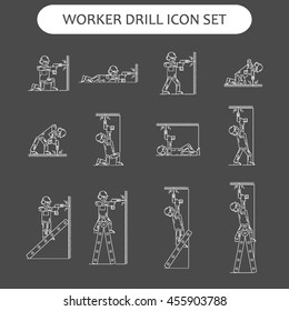 The worker on building drills a wall a drill and the screw gun in different poses. Set of icons executed in white lines on a black background. The web and other carriers is suitable for an infographic