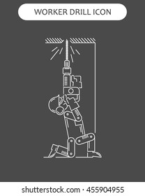 The worker on building drills a wall a drill and the screw gun in different poses. Set of icons executed in white lines on a black background. The web and other carriers is suitable for an infographic