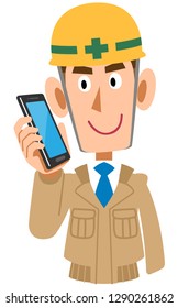 Worker on the construction site to talk on mobile phone, beige work clothes