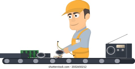 Trabajador en el transportador. Montaje de equipo eléctrico, ilustración vectorial