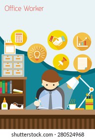 Worker on Desk with Office Supplies and Stationery
