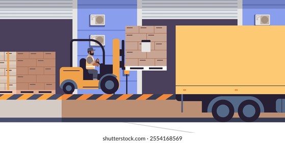 Worker on forklift loading pallet boxes to Truck on warehouse platform. Simple logistic vector illustration