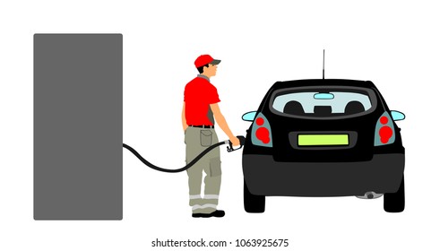 Worker on gas station fill the machine with fuel vector illustration. Car fill with gasoline. Gas station pump. Man filling gasoline fuel in car holding nozzle.Pumping gasoline fuel in vehicle.