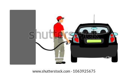 Worker on gas station fill the machine with fuel vector illustration. Car fill with gasoline. Gas station pump. Man filling gasoline fuel in car holding nozzle.Pumping gasoline fuel in vehicle.