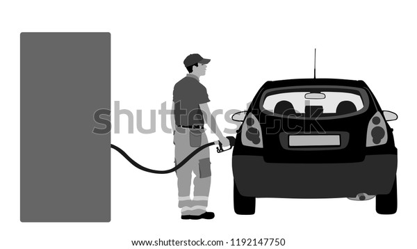 Worker on gas station fill the machine with fuel\
vector illustration. Car fill with gasoline. Gas station pump. Man\
filling gasoline fuel in car holding nozzle.Pumping gasoline fuel\
in vehicle.